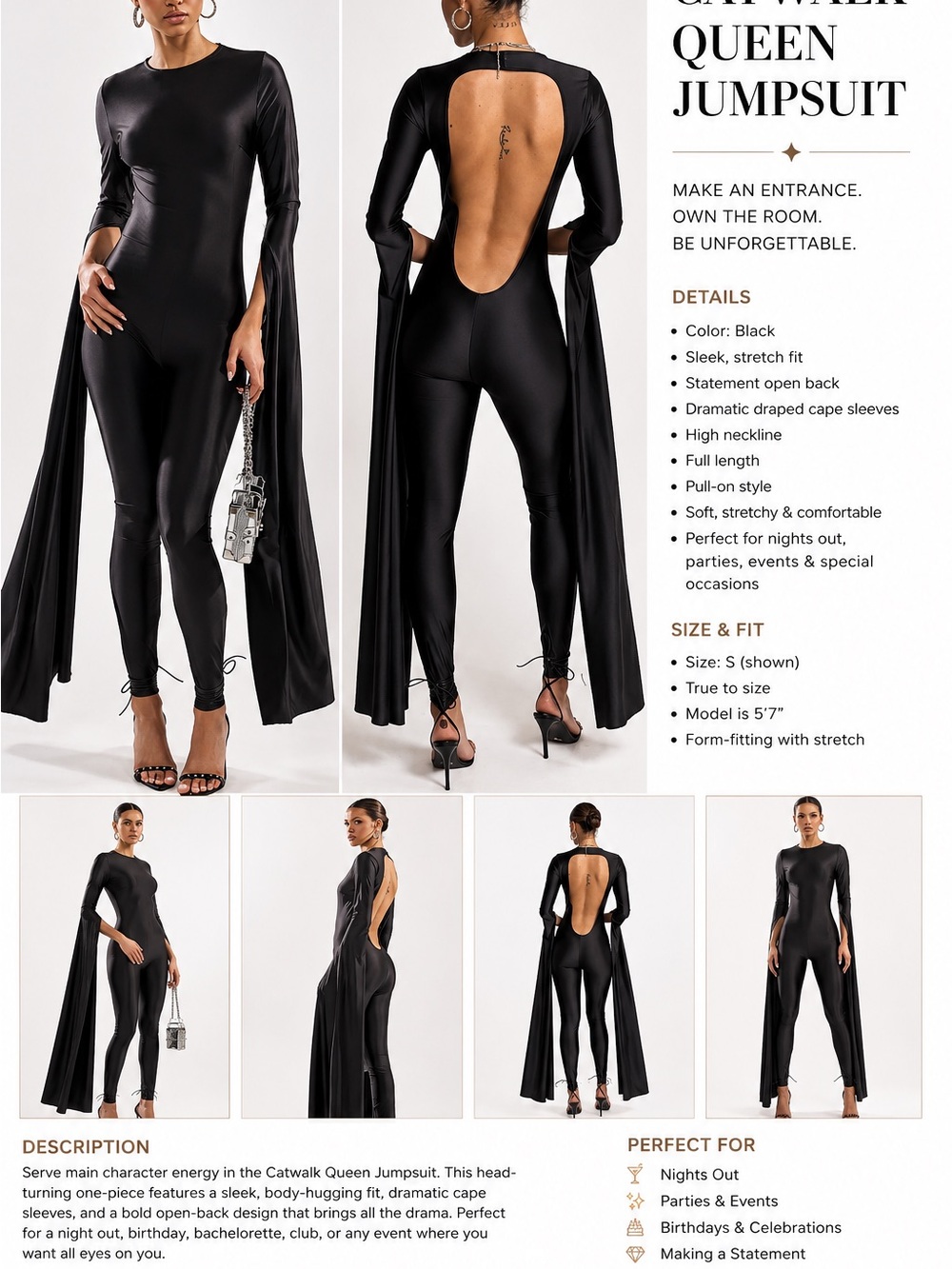 Catwalk Queen Open-Back Jumpsuit - Black